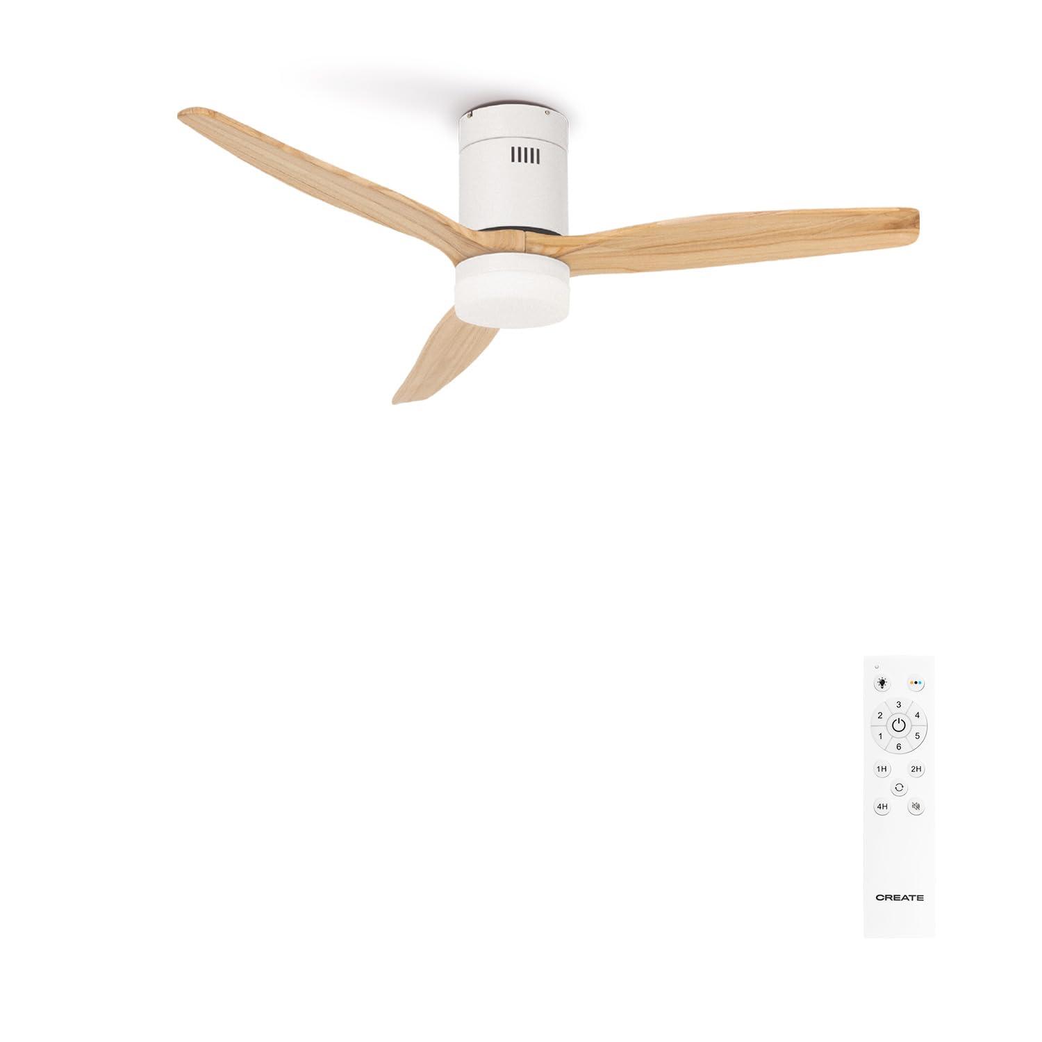CREATE / WINDCALM M/Ventilateur de plafond ABS avec lumière et télécommande blanc pales effet bois clair / 40W, Silencieux, Ø132 cm, 6 vitesses, minuterie, été-hiver, double hauteur, Avec lumière Effet Bois Clair