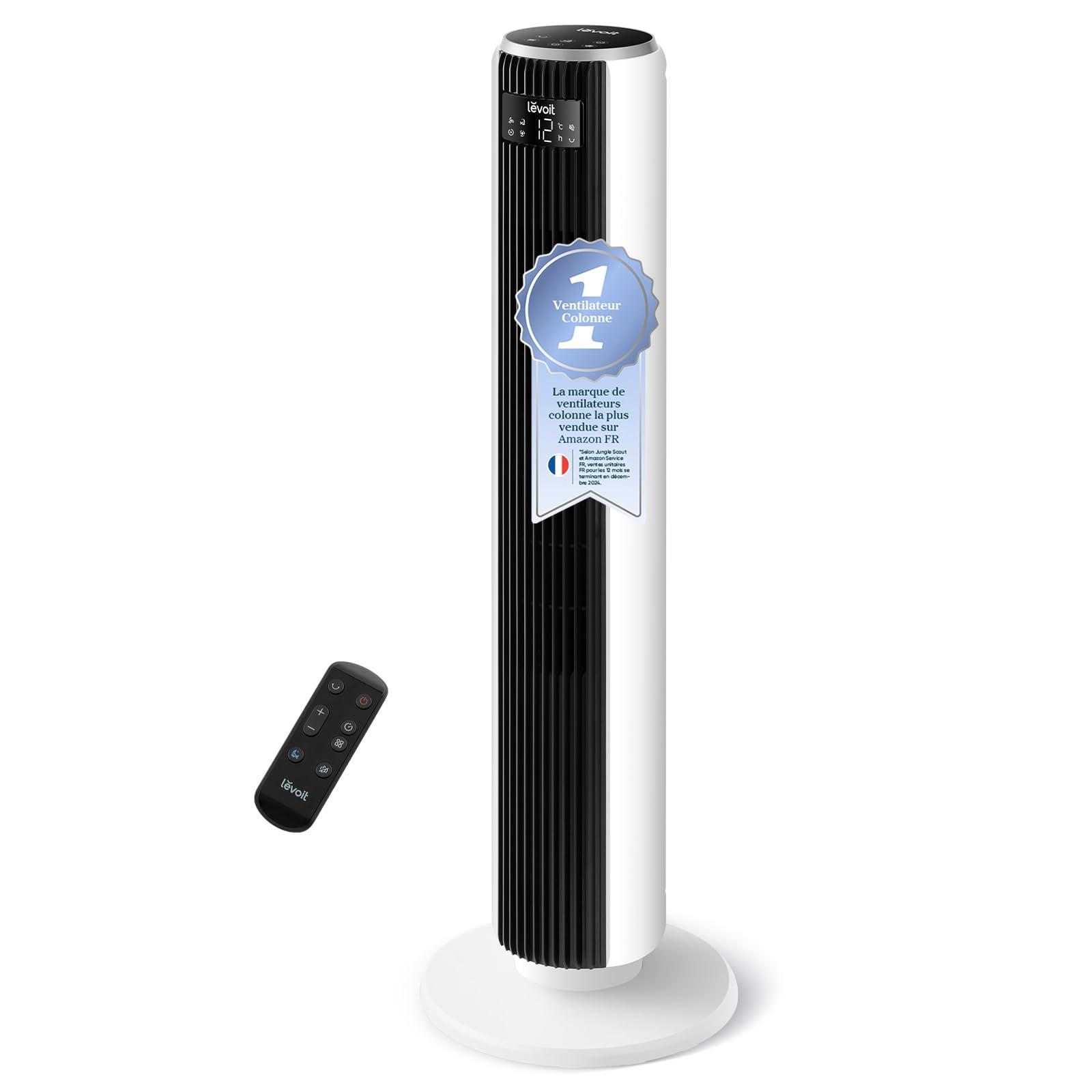 LEVOIT 20dB Ventilateur Colonne Silencieux, 7.9m/s DC Moteur, 26W, Oscillant 90° avec 12 Vitesses, Minuterie 12h, 4 Modes, Affichage LED de Refroidissementavec Télécommande, Blanc 92cm Blanc
