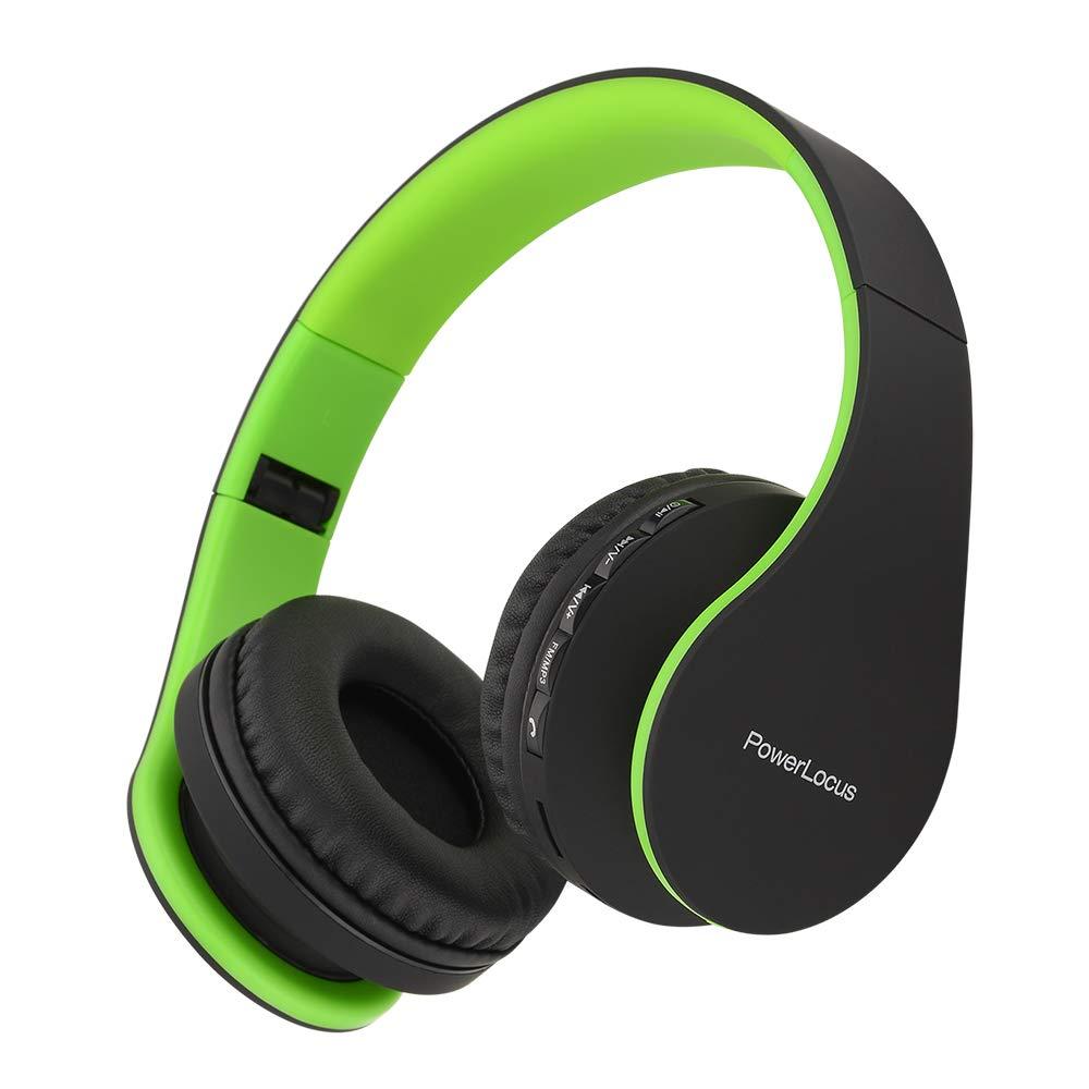 PowerLocus Casque Bluetooth sans Fil, Pliable Casque Audio Stéréo, Oreillette Bluetooth avec Micro Intégré/Micro SD/FM Radio pour Téléphones/PC/Tablettes/TV Noir/Vert