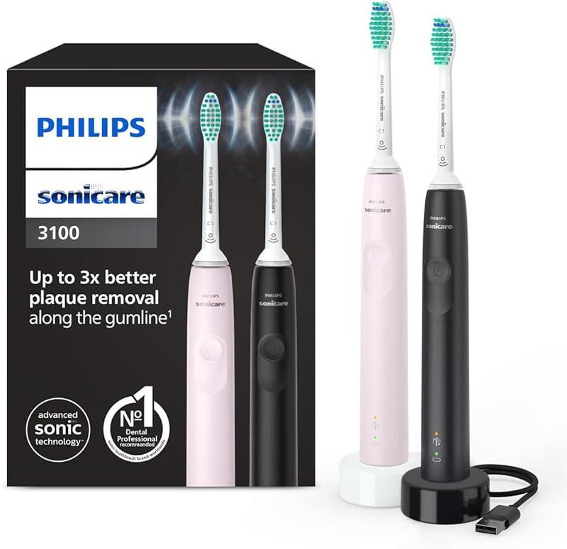 Philips Sonicare 3100, Brosse à dents électrique sonique, capteur de pression et minuterie, rose pastel et noir, pack de 2, modèle HX3675/15