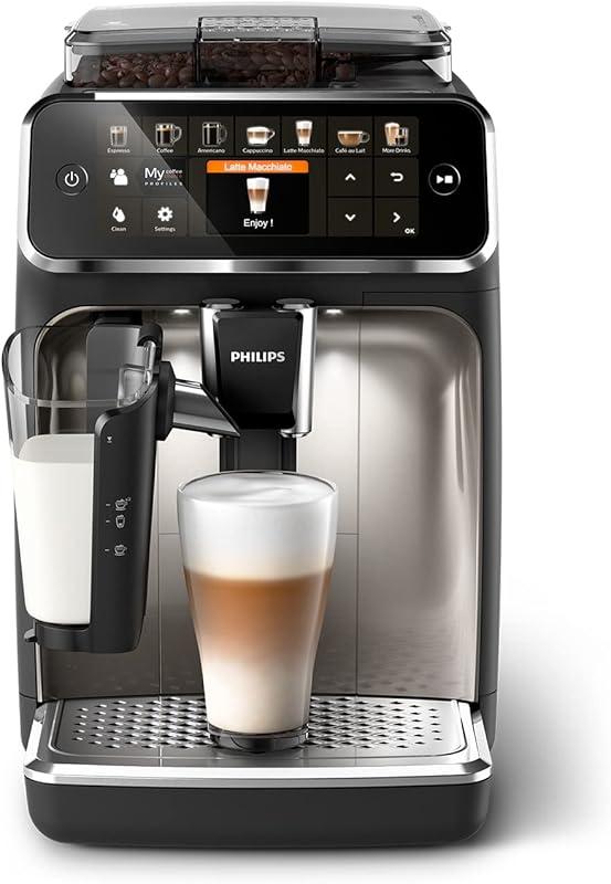 Philips Expresso broyeur Série 5400 – 12 Spécialités de Café, Carafe LatteGo facile à nettoyer, Ecran intuitif, 4 Profils Utilisateur, Machine à café à grain Noir Chrome (EP5447/90)