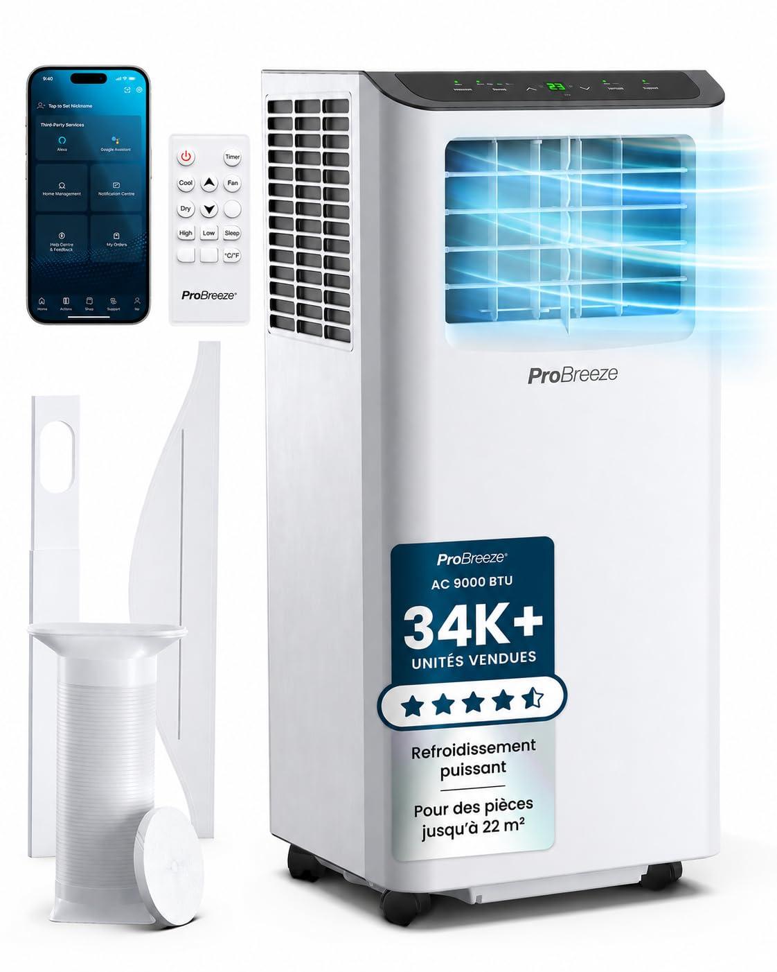 Pro Breeze Climatiseur Mobile 4-en-1 9000 BTU - Clim Puissante compatible WiFi avec Application- Minuterie 24 heures, Télécommande et Kit Fenêtre inclus pour Chambre, Salon 22m² [Classe énergétique A] 9000 BTU (unité thermique britannique)