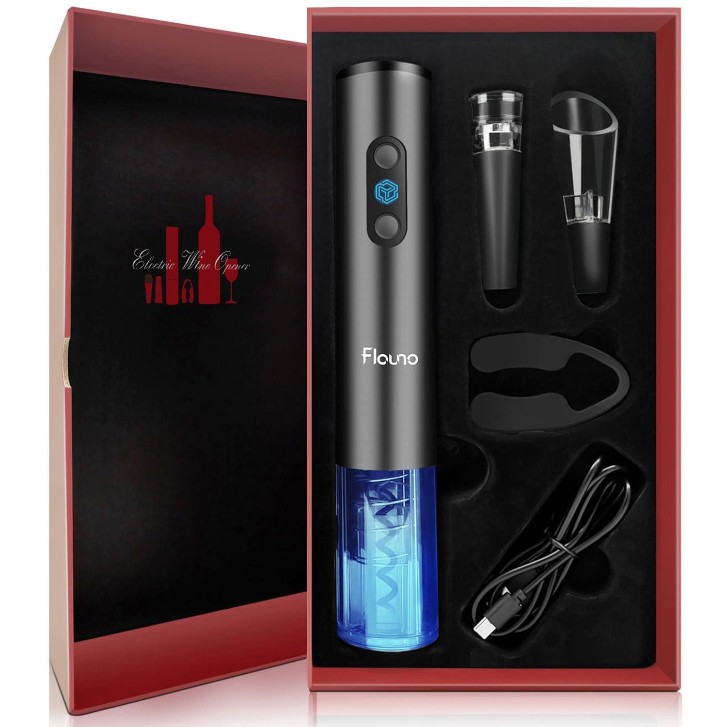 Flauno Tire Bouchon Électrique Rechargeable 6 en 1, Ouvre Bouteille Électrique Set avec Coupe-Capsule, Verseur Aérateur de Vin, Bouchon à Vin, Cable USB, Coffret Cadeau Gris