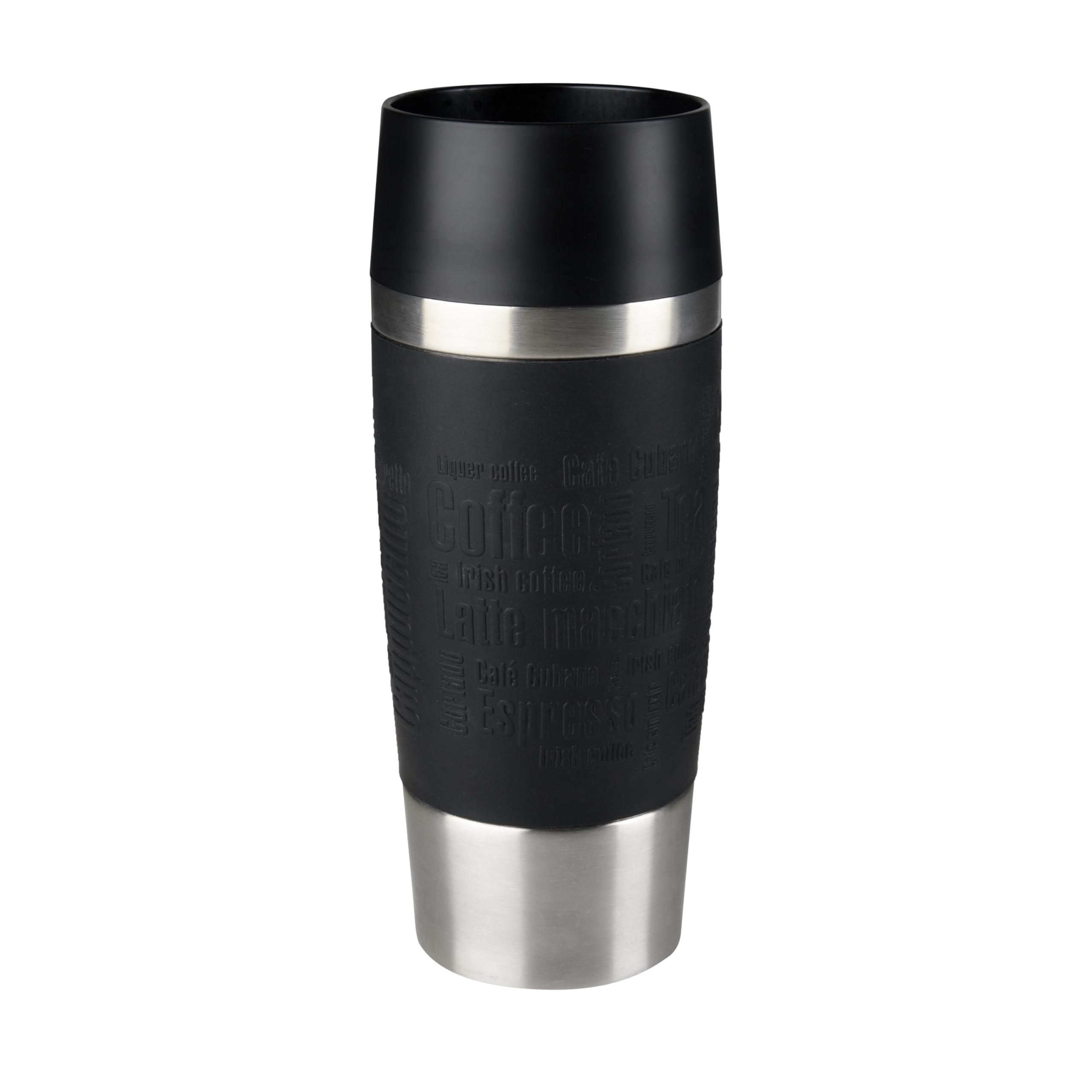 Emsa Travel Mug, Mug isotherme, 0,36 L, 100% sûr, 100% hermétique, Base antidérapante, Boissons chaudes et froides, Bonne prise en main, Noir 513361 Manchette Noir