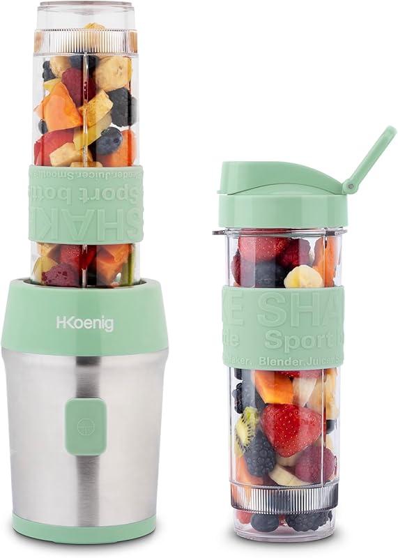 H.Koenig Mini Blender/Smoothie/Mixeur SMOO18 – 570mL, 300W, 4 Lames Inox, Sans BPA, 2 Bouteilles portables avec couvercles de voyage, Vert Pastel
