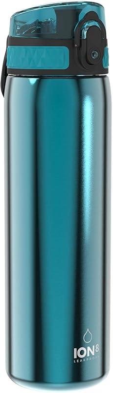 Ion8 Gourde Inox Léger, 600ml, Non Isolé, Anti-Fuite, Facile à Ouvrir, Verrouillage Sécurisé, Lavable au Lave-Vaisselle, Poignée de Transport, Durable, Acier Inoxydable, Aqua