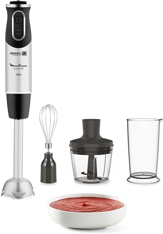 Moulinex Pied mixeur, 4 lames Powelix, 10 vitesses, appareil 3-en-1, hachoir et fouet, 1 000 W, Quickchef, DD655811