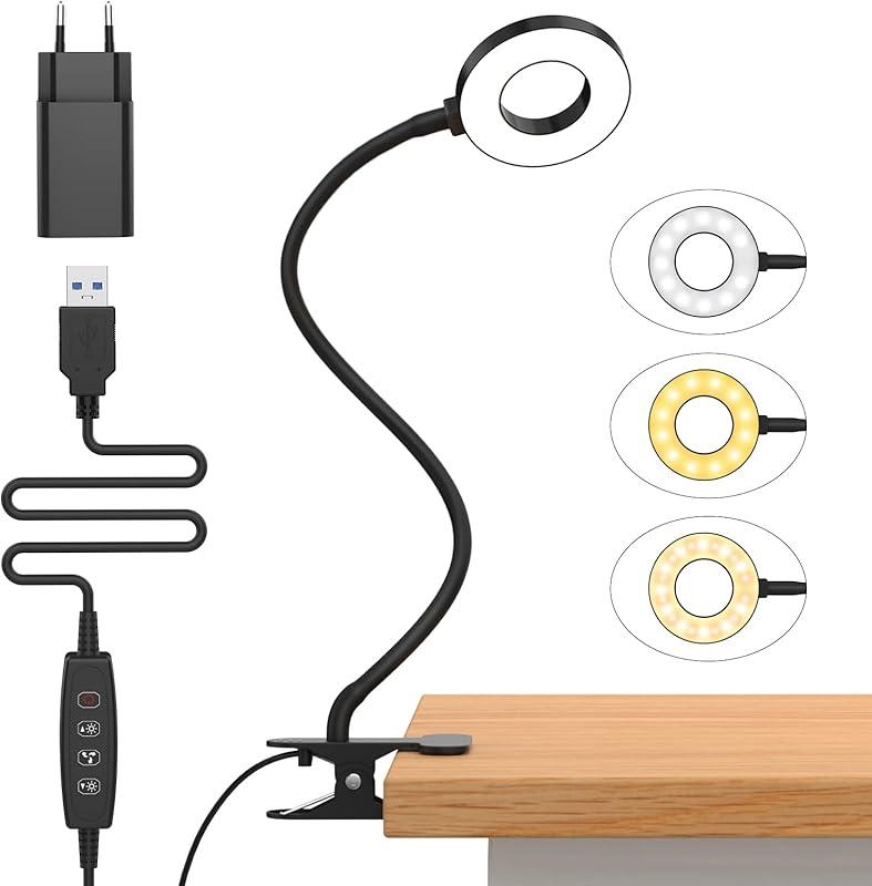 iZELL Lampe de Bureau à Pince avec Adaptateur USB[3 Modes d’Éclairage &10 Niveaux de Luminosité] Flexible à 360°Lampe Lecture Clipsable, 40CM Lampe Bureau Led pour Maison/Bureau