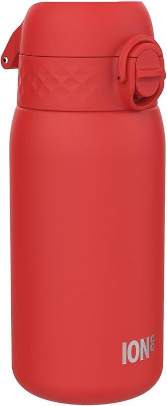 Ion8 Gourde Enfant, Inox Léger, 400ml, Non Isolé, Anti-Fuite, Facile à Ouvrir, Verrouillage Sécurisé, Lavable au Lave-Vaisselle, Poignée de Transport, Acier Inoxydable, Rouge