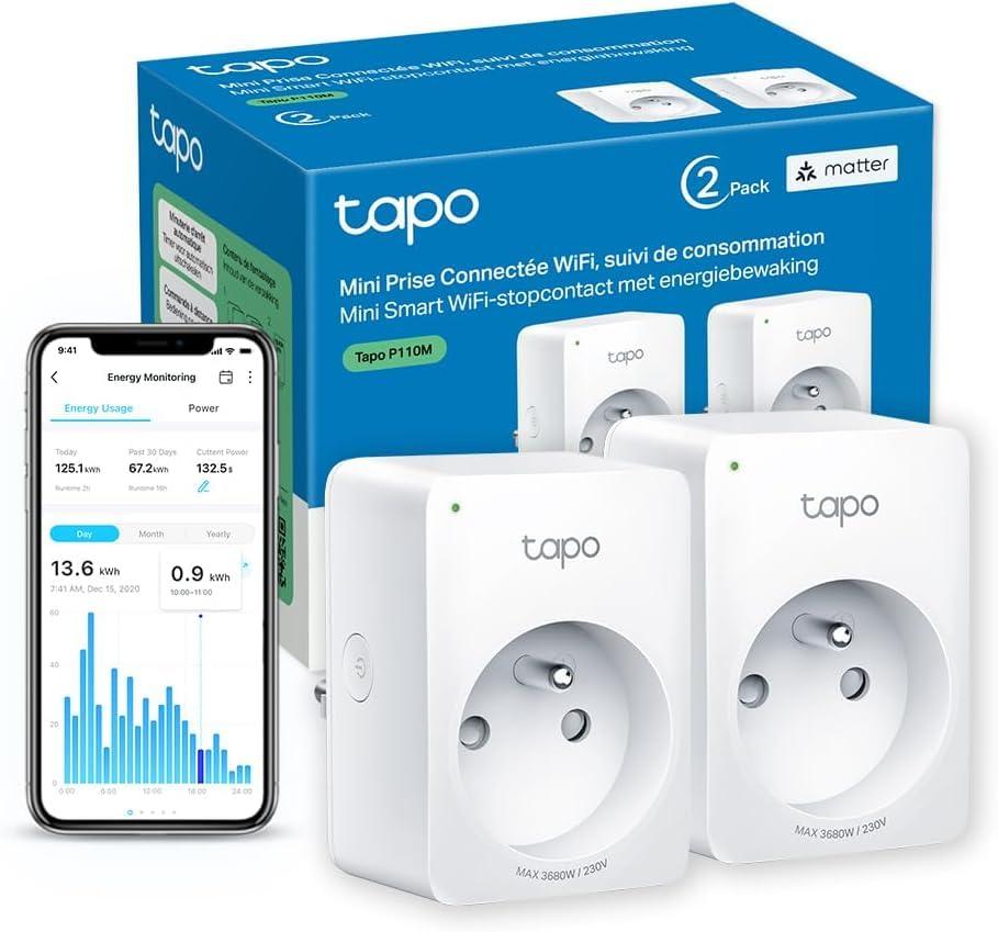 Tapo Matter Prise Connectée WiFi, Suivi de consommation, 16A Type E, Compatible avec Alexa, Google Home et SmartThings, Contrôler le radiateur, le chauffage, Économie d'énergie, Tapo P110M 2-pack(FR) Matter Type E(FR) - 2 pack