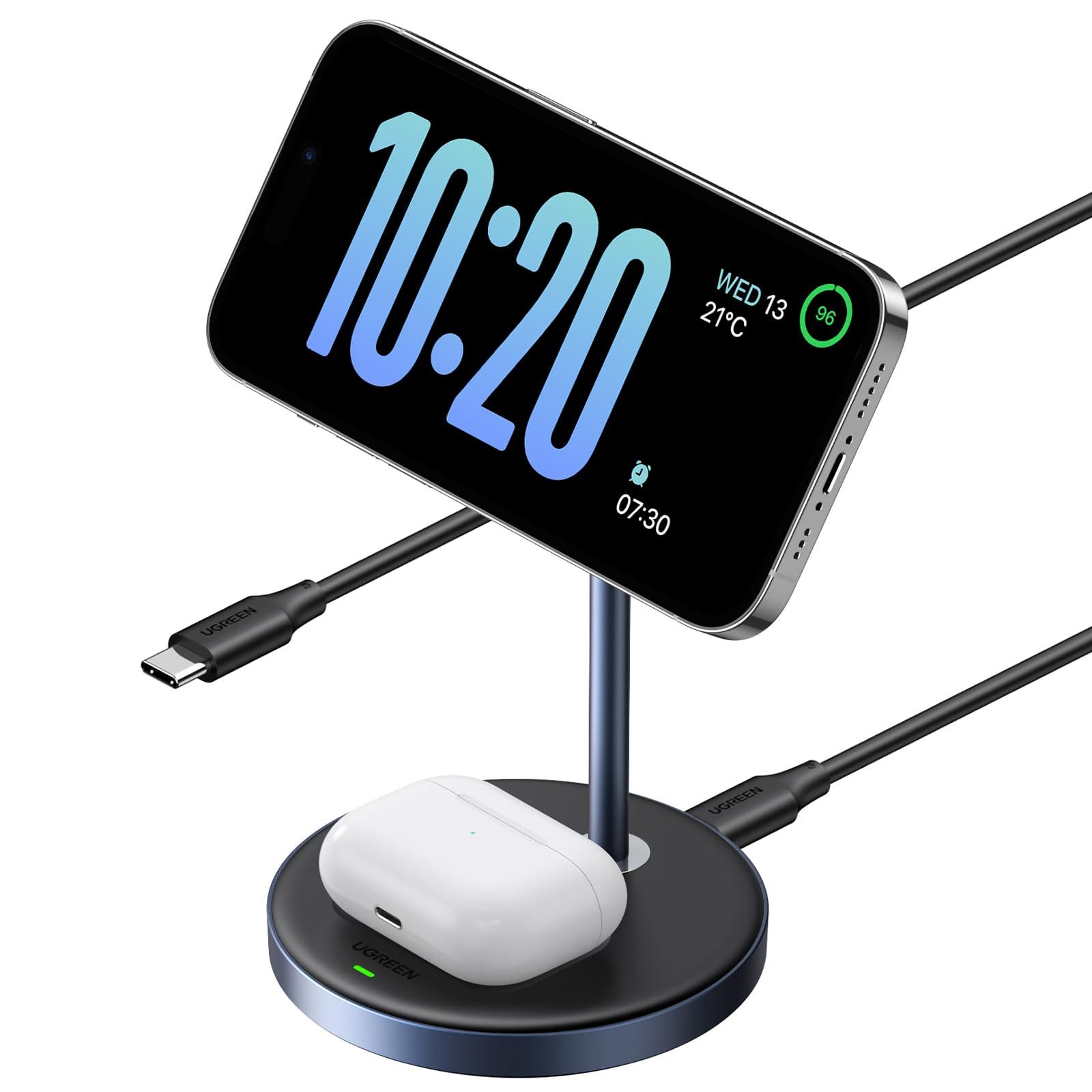 UGREEN MagFlow Chargeur Induction iPhone 2 en 1 Qi Compatible avec MagSafe iPhone 17 16 15 14 13 12 Air Plus Pro Max AirPods 4 3 Pro 3 2 1 Station de Charge sans Fil Magnétique Rapide Mode Standby