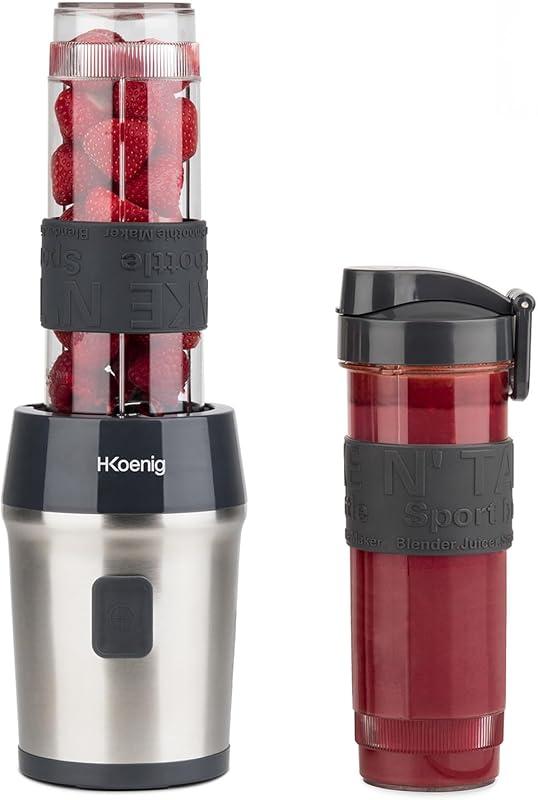 H.Koenig Mini Blender/Smoothie/Mixeur SMOO9 – 570mL, 300W, 4 Lames Inox, Sans BPA, 2 Bouteilles portables avec couvercles de voyage