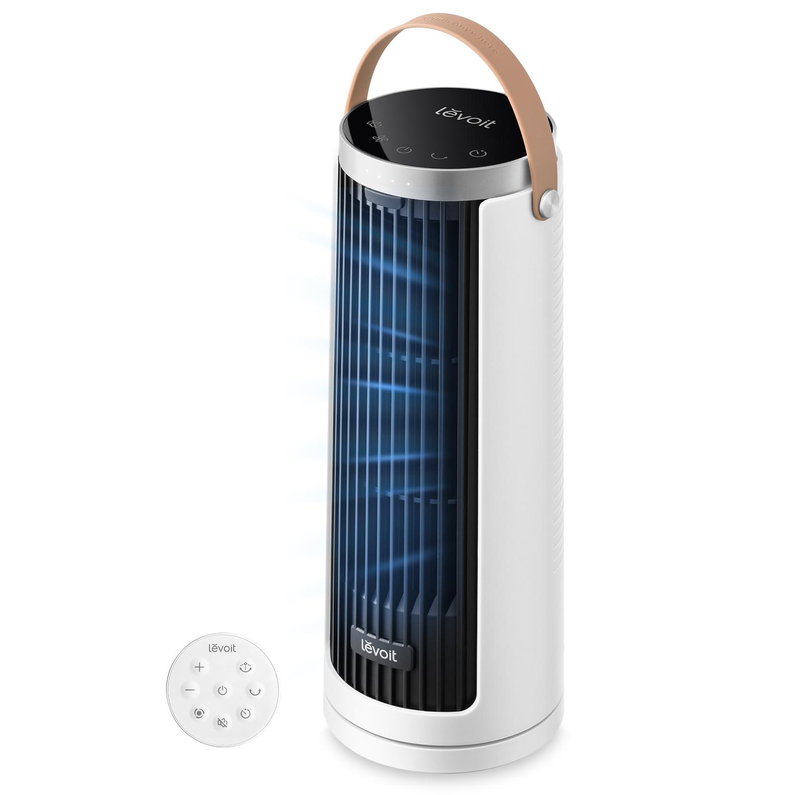 Levoit Windi Mini Ventilateur Colonne 20 dB Ultra Silencieux, Ventilateur de Table Moteur DC, Puissance jusqu'à 7 m/s, 4 Vitesses, Oscillation 90°, Minuterie 12H, Télécommande 33.5cm Blanc
