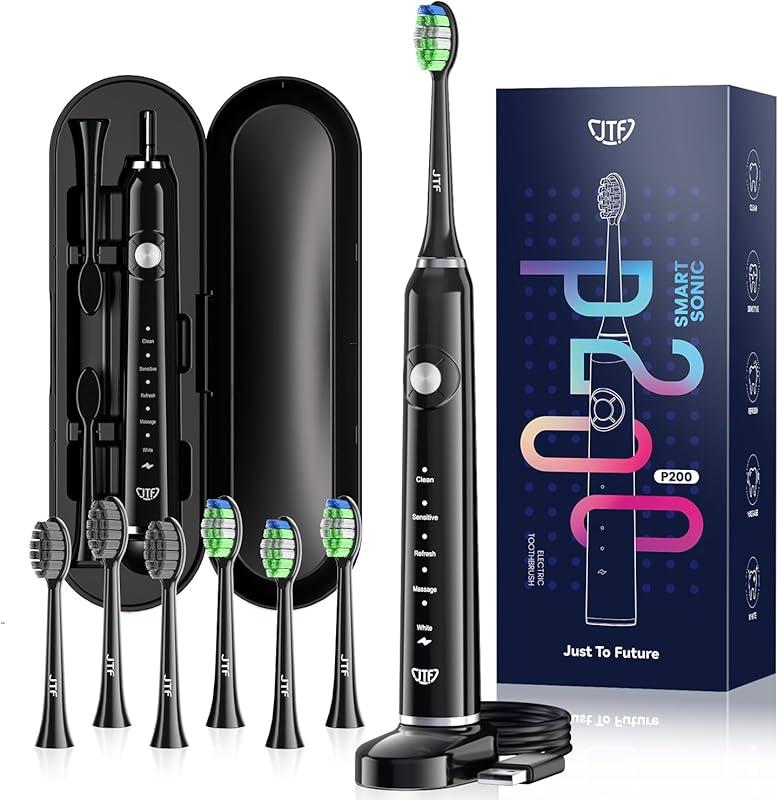 JTF Brosse À Dent Électrique Sonique Adultes avec 6 Têtes de Brosse et Étui de Voyage, Chargeur Rapide sans Fil et Longue Durée, 5 Modes et Minuteur Intelligent, Brosse À Dent Voyage, P200 Noir