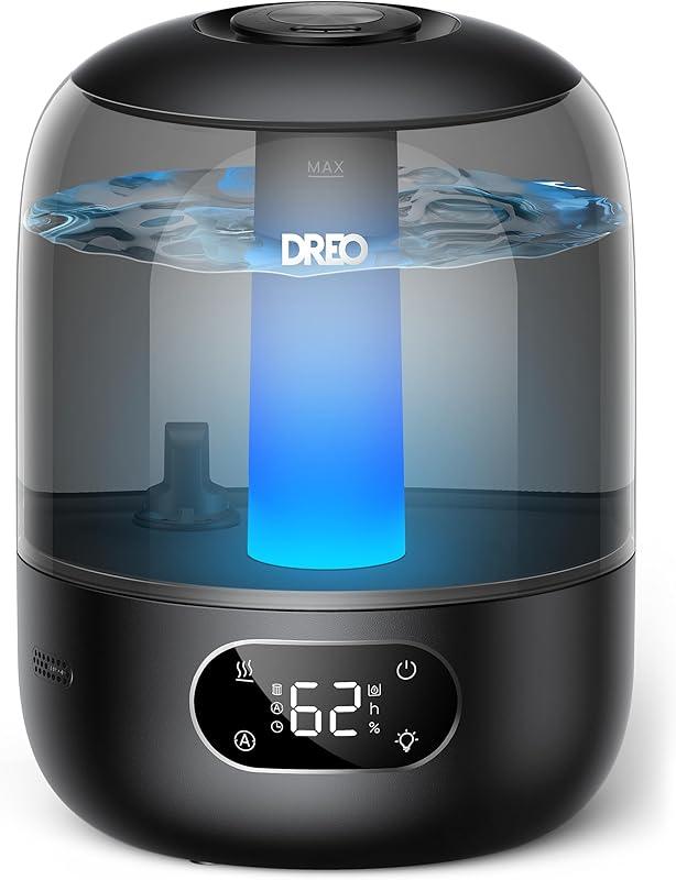 Dreo 3L Humidificateur Bébé Silencieux 26dB avec Capteur d’Humidité, Brume Fraîche Ultrasonique, Buse 360°, 30H Autonomie, Diffuseur d’Huiles Essentielles, Lumière d’Ambiance, pour Plantes, Noir