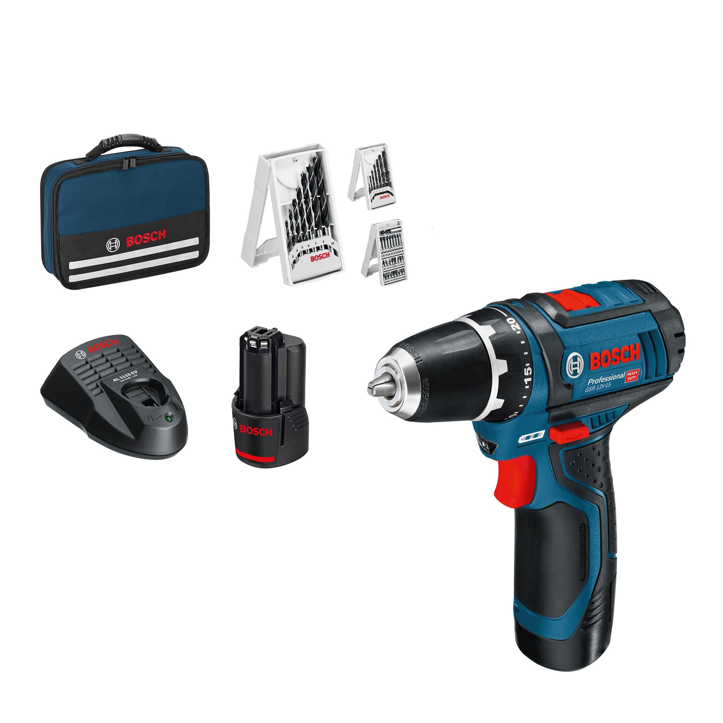Bosch Professional 12V System perceuse-visseuse sans-fil GSR 12V-15 (avec 2 batteries 2,0 Ah, chargeur, set d’accessoires 39 pièces, sacoche d’outils) - Set Amazon Exclusive Amazon Exclusive, sac Avec Batteries (2x2.0Ah) + Chargeur