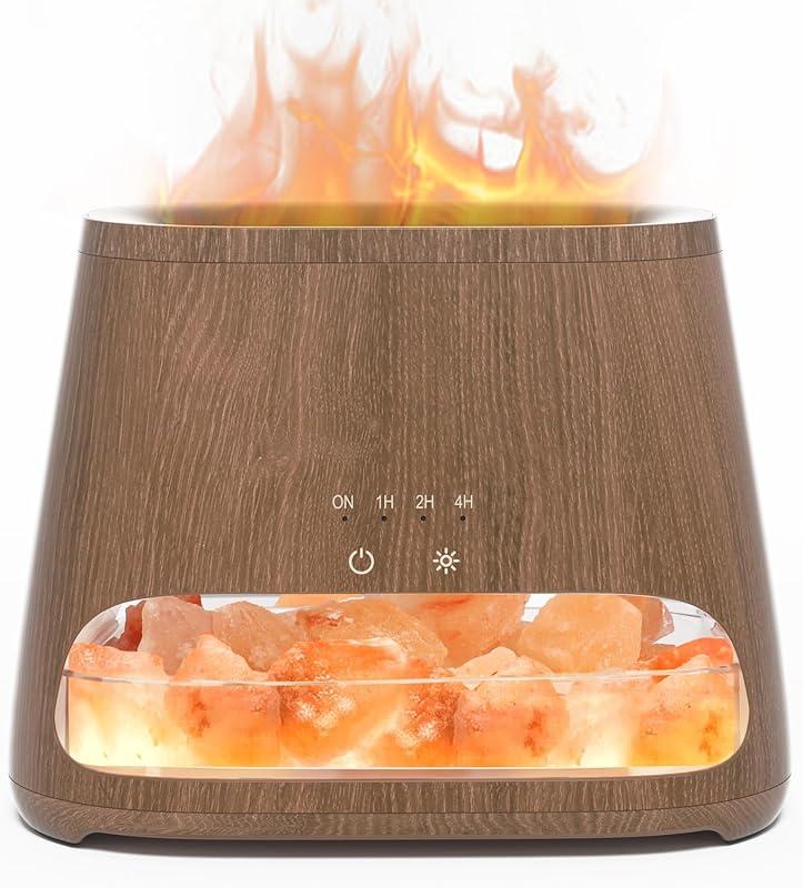 SALKING 2 en 1 Diffuseur d'huiles Essentielles & Lampe en Cristal de Sel Himalaya, Diffuseur d'aromathérapie avec Lumière Effet Flamme, L'humidificateur a 3 luminosité, 100% Pur sel himalayen, 150 ML