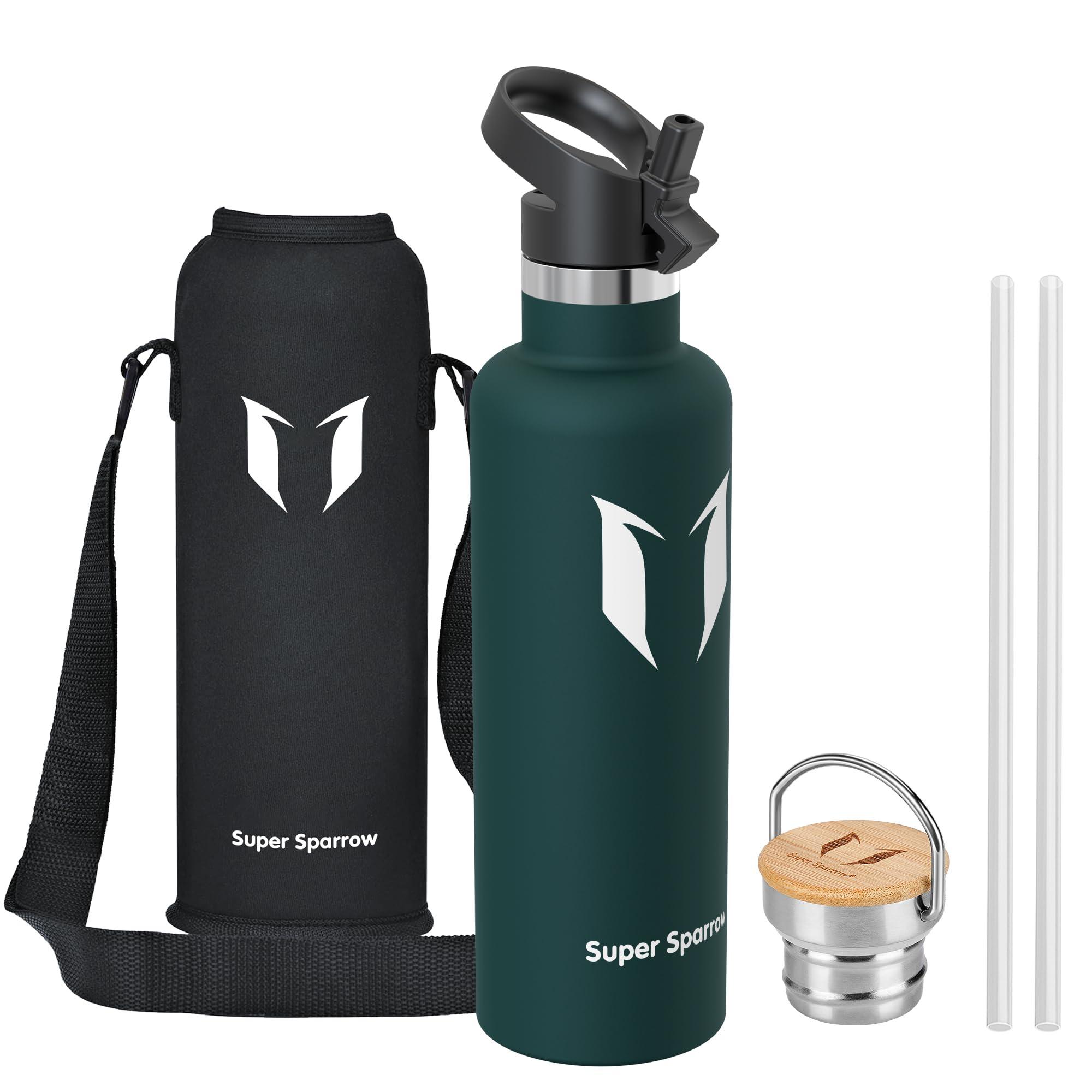 Super Sparrow Gourde Isotherme - Bouteille Isotherme - 500ml/750ml/1L - Étanche Sport Gourde INOX Bouche Standard - Gourde Enfant sans BPA- Pour Plein Air & Quotidien - Avec 2 Bouchons Jade 1000 ml