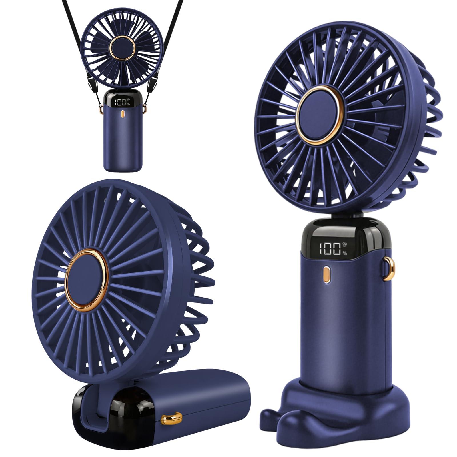 Jsdoin Ventilateur portable rechargeable par USB avec 5 vitesses,mini ventilateur de bureau pliable avec écran LED pour la maison, le bureau,la chambre à coucher, les voyages en plein air (Bleu Foncé)
