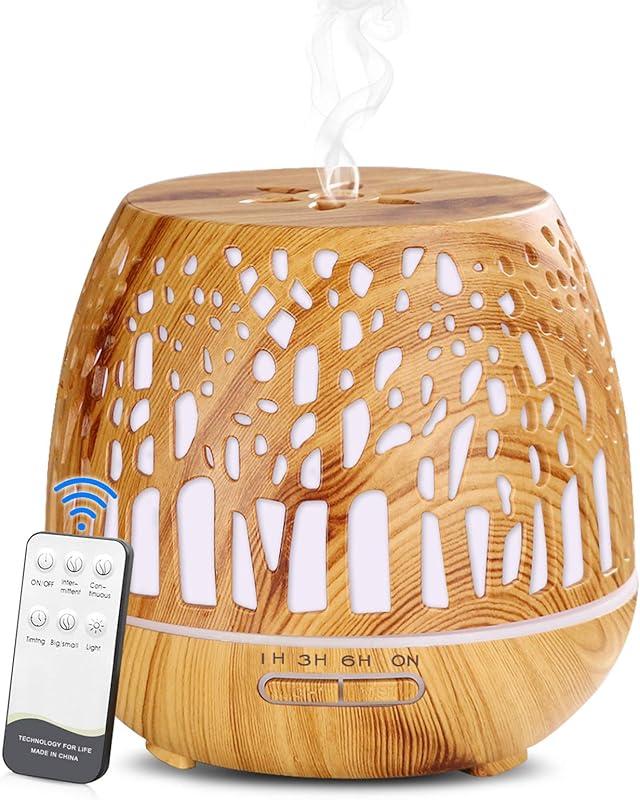 Simpeak Diffuseur d'Huiles Essentielles 400ml, Télécommande d'humidificateur Ultrasonique sans BPA avec Lumière LED à Couleurs Variables 3 Minuterie pour la Maison/Yoga/Bureau/Spa - Bois