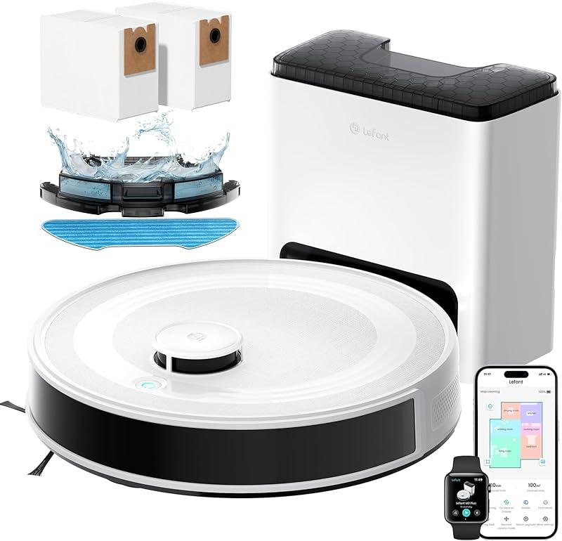 Lefant M2 Plus Robot Aspirateur Laveur 6000Pa avec Station, Vidage Automatique, Navigation Laser avec Cartographie, Évitement d'obstacles PSD, Idéal pour Poils d'animaux/Tapis, App/WiFi/Alexa, Blanc