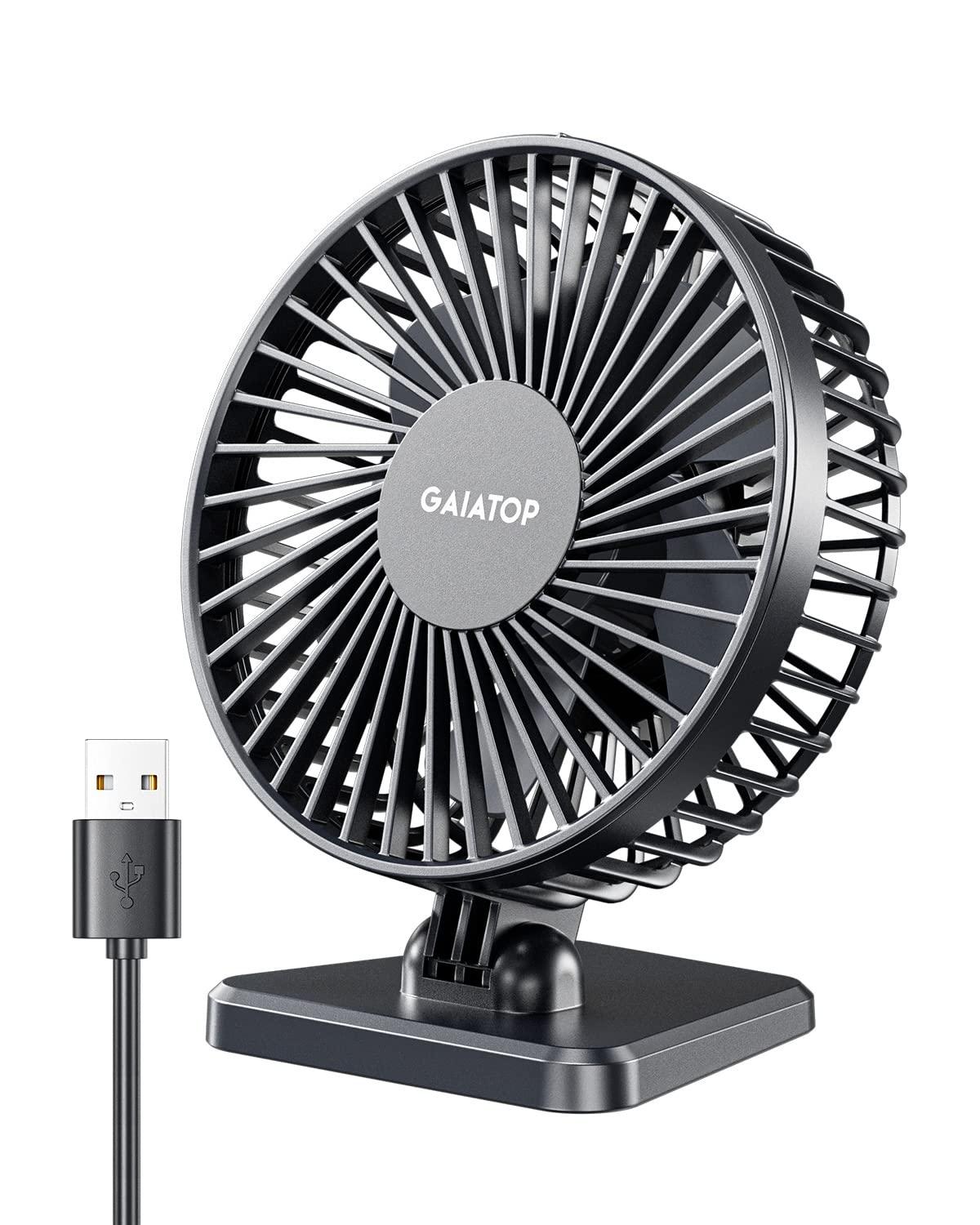 Gaiatop Ventilateur de bureau USB, petit mais puissant, personnel, portable, silencieux, 3 vitesses, mini ventilateur de bureau réglable pour le refroidissement de la maison, du bureau, de la voiture Noir