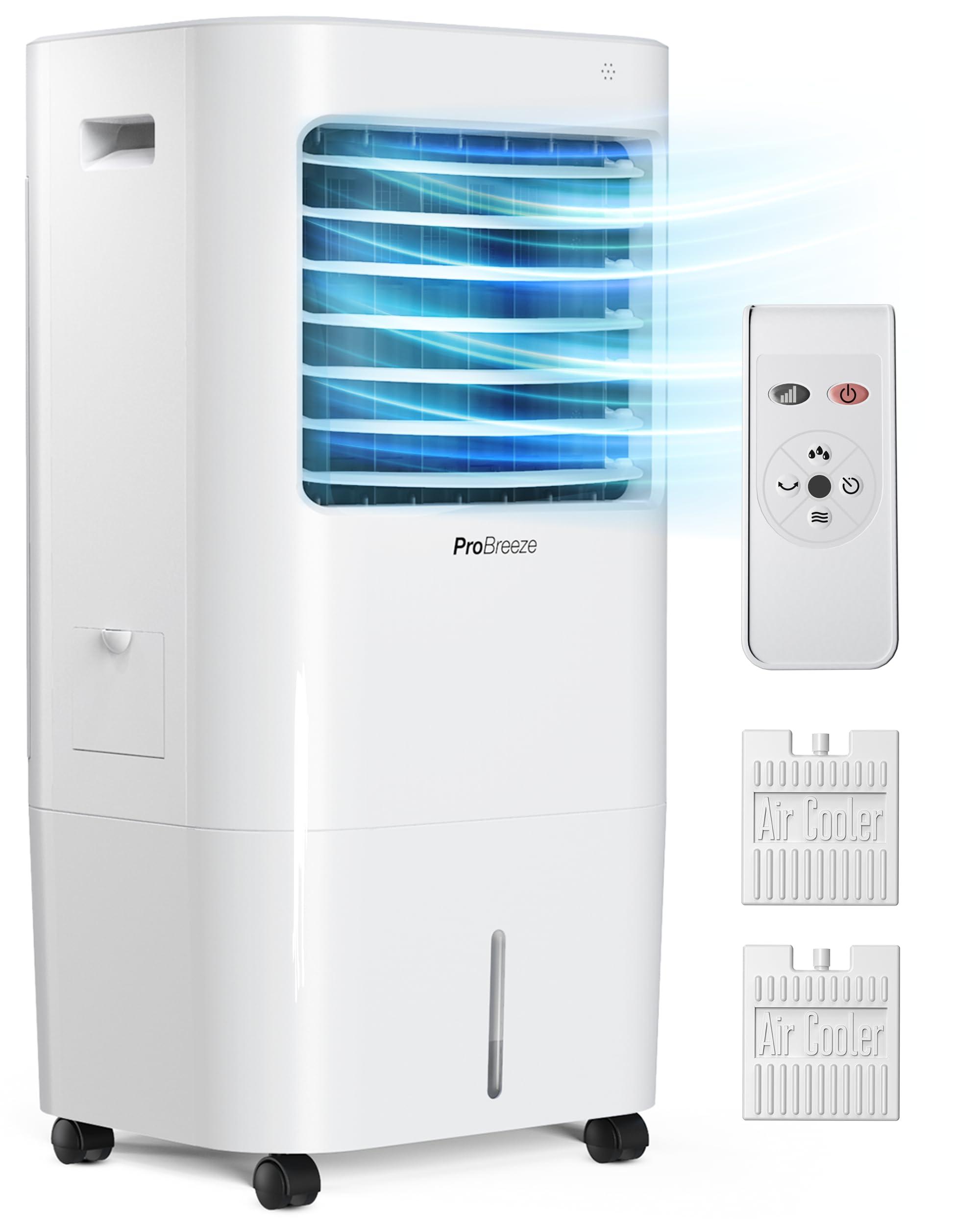 Pro Breeze Rafraîchisseur d’Air Portable 10L, Ventilateur, Humidificateur, 3 Vitesses, Télécommande - Refroidisseur par évaporation Puissant et Mobile avec Minuterie et Oscillation automatique