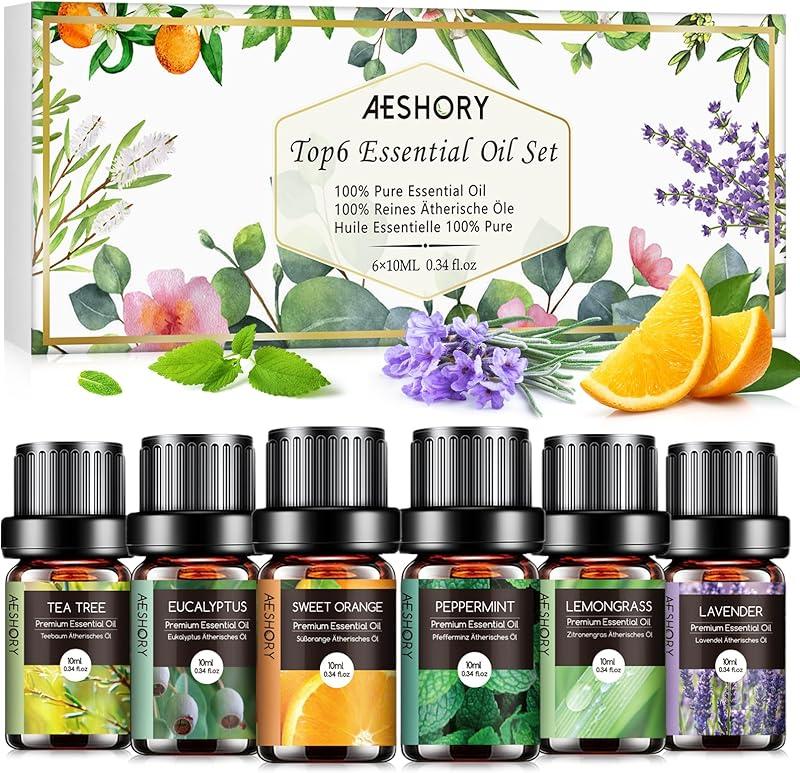 AESHORY Kit Huiles Essentielles 6x10ML, Huile Essentielle Aromathérapie Naturelle, pour Diffuseurs, Massage, Yoga - Lavande, Orange Douce, Menthe Poivrée, Arbre à Thé, Citronnelle, Eucalyptus