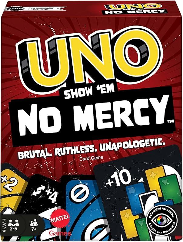 Uno No Mercy Jeu De Cartes Familial avec 56 Cartes Supplémentaires, Règles Spéciales, Cartes Action Redoutables, Pénalités Plus Sévères, Jouet Enfant, Dès 7 Ans, HWV18
