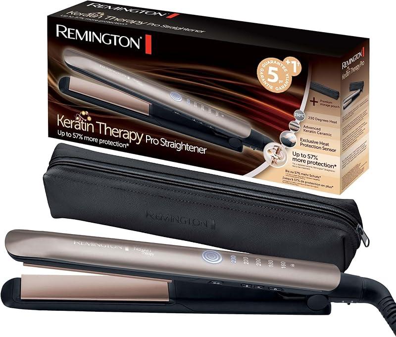 Remington Lisseur Cheveux [Innovation: Capteur de Protection contre la chaleur] Keratin Therapy (Soin Kératine & Huile d'Amande, Céramique, Ecran LCD, 160-230°C, pochette) Fer à lisser S8593