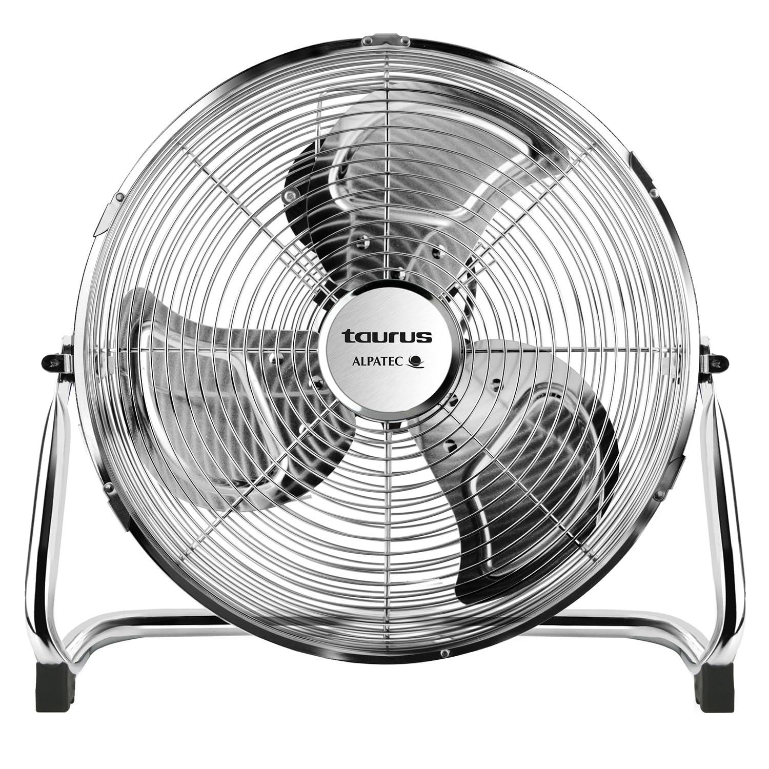 Taurus Sirocco 18 - Ventilateur de sol 120W, 3 vitesses, silencieux, 3 hélices métalliques / 45 cm de diamètre, inclinaison réglable, grille amovible, base antidérapante Ø 45cm|Argenté