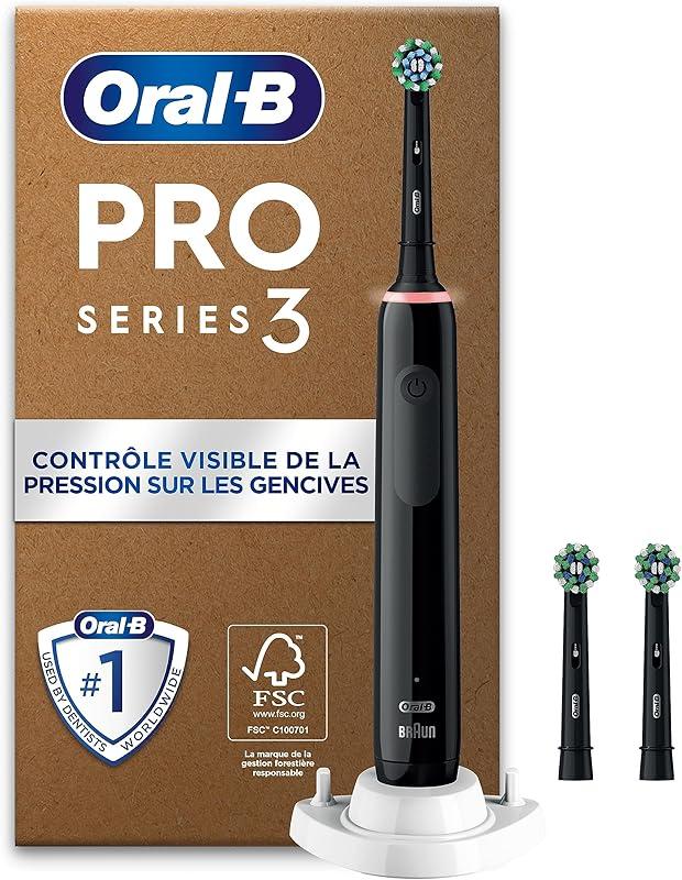 Oral-B Pro 3 Brosse À Dents Électrique Noire, Un Capteur De Pression Pour Protéger Les Gencives Sensibles, Des Accessoires, 3 Brossettes De Rechange, Douces Et Rondes, 1 Chargeur, Emballage En Carton