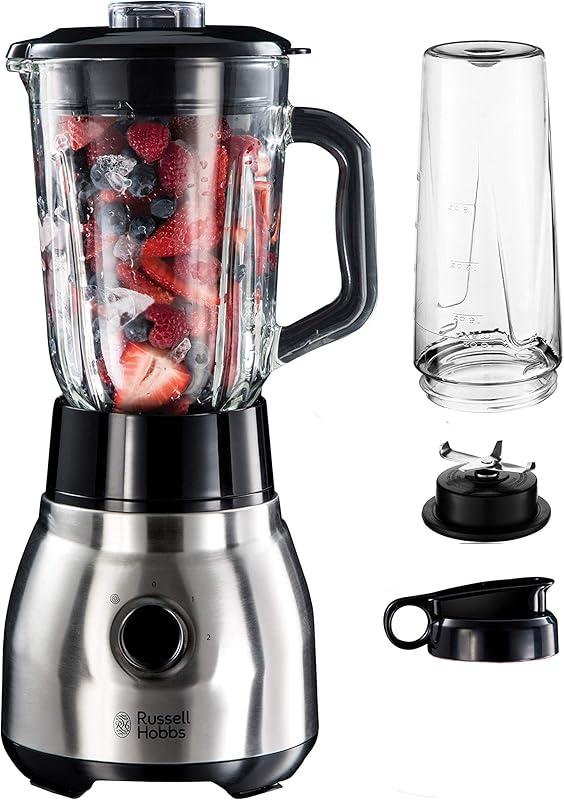 Russell Hobbs Blender [Polyvalent, Puissant & Rapide] Essential (Bol en verre 1,5L + Gourde Nomade, 4 Lames en acier Inox, 2 vitesses, Smoothie, Utilisation & Nettoyage facile) Mixeur 23821-56
