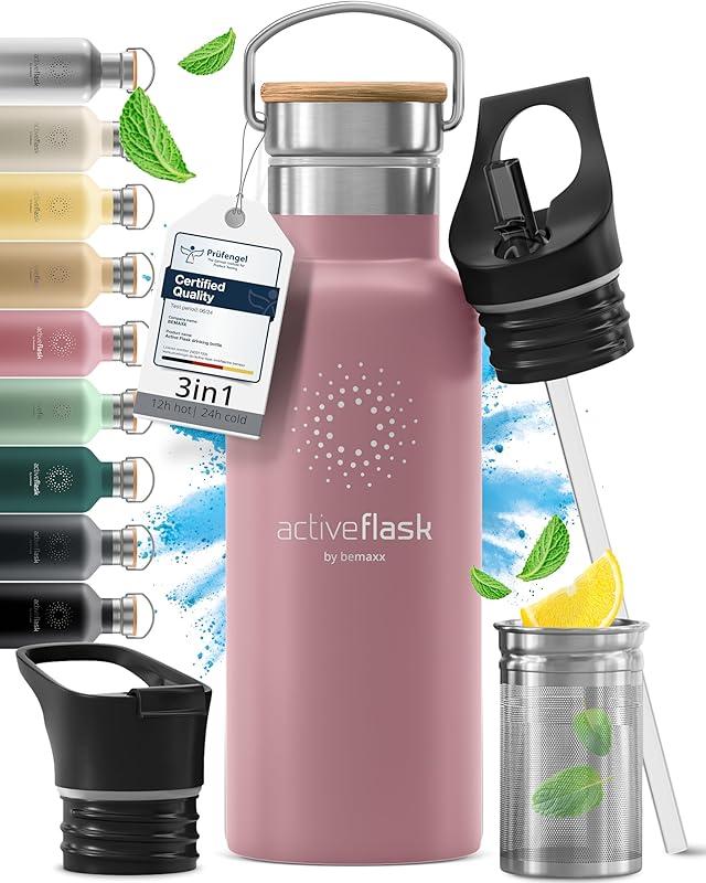 Gourde Inox Isotherme ACTIVE FLASK 1l/500ml sans BPA + Paille (3 Bouchons) | Bouteille d’eau Acier Inoxydable Isolée, Thermos Réutilisable | Camping Velo Sport Running Randonnée Enfant, Café The