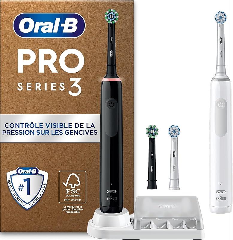 Oral-B Pro 3 Brosses À Dents Électriques Noire Et Blanche, Un Capteur De Pression Pour Protéger Les Gencives Sensibles, Des Accessoires, 4 Brossettes Rondes De Rechange, 1 Chargeur, Emballage Carton