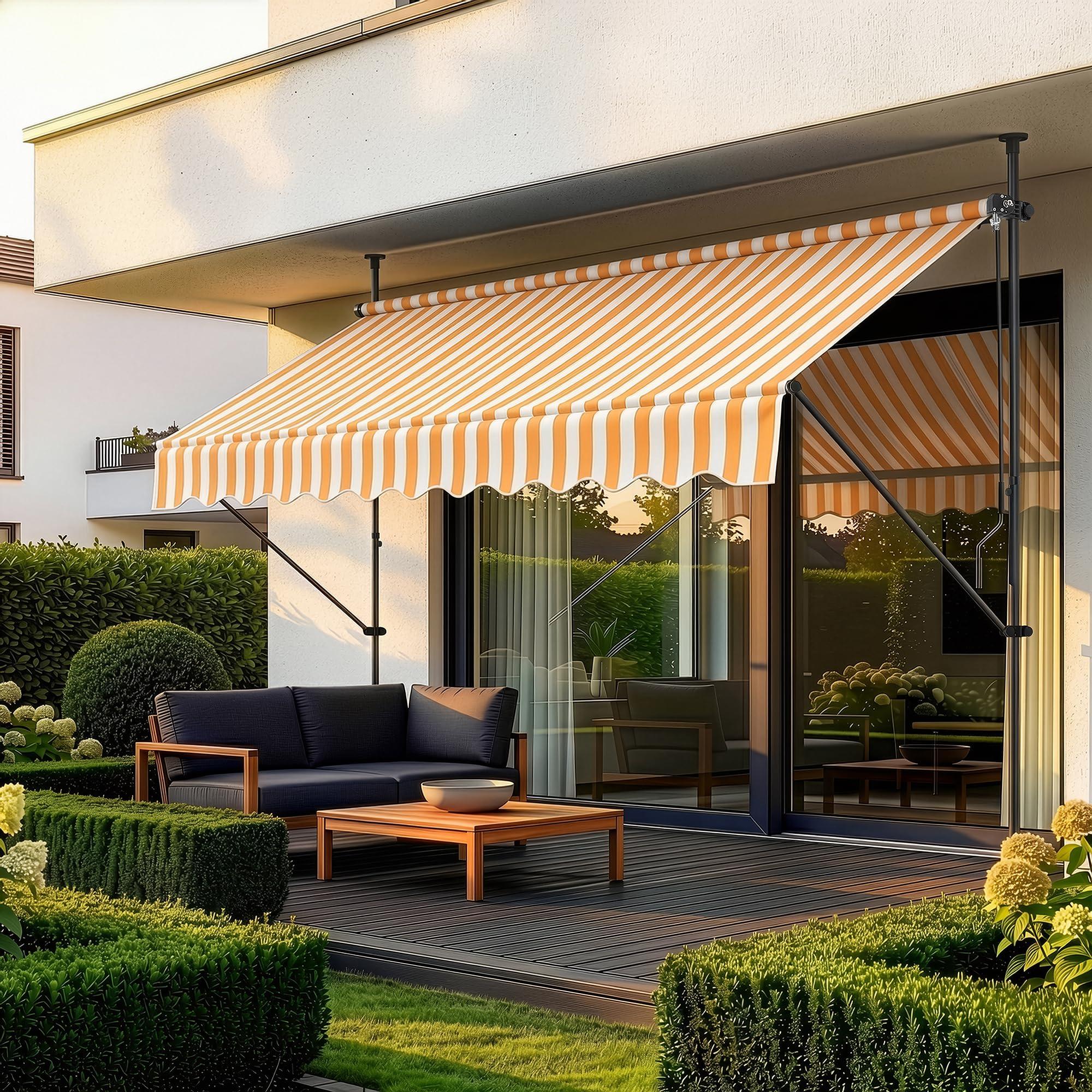 pro.tec Store Banne Manuel Rétractable pour Terrasse Marquise Soleil de Balcon Auvent Téléscopique Hauteur et Inclinaison Réglable sans Perçage Acier Polyester 300 x 120 x 220-309 cm Jaune Blanc Jaune Blanc 300 x 120 x 220-309cm