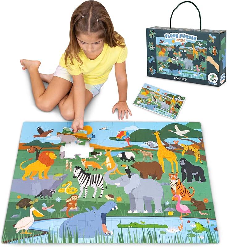 BONNYCO Puzzle Enfant Geant Animaux de la Jungle avec 48 Pièces de Grande Taille. Jigsaw Puzzle XXL 92 x 62 cm pour Cadeau Enfant. Jouet Educatif Garcon et Fille 2-8 Ans